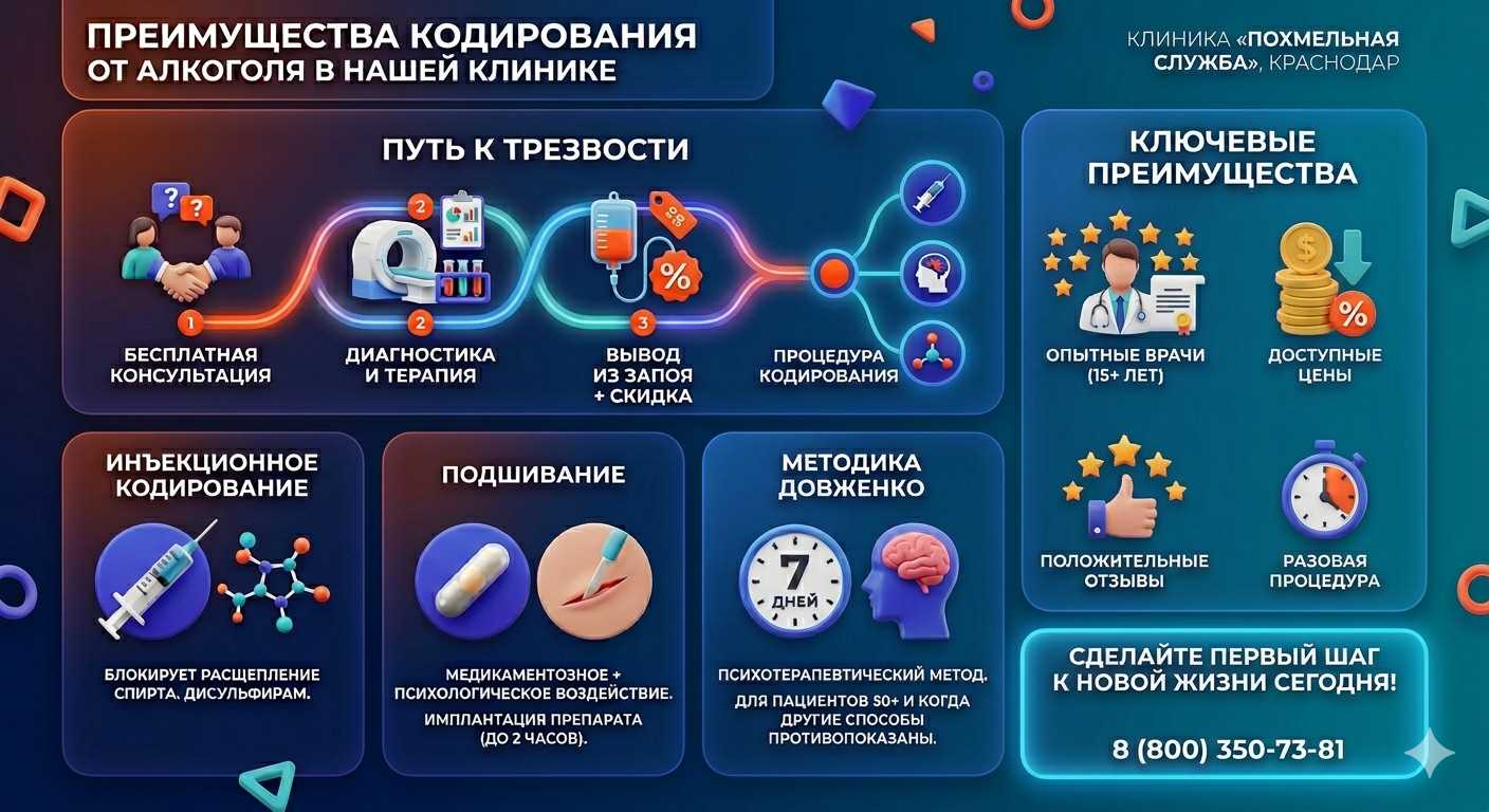 Инфографика о методах кодирования от алкоголя в Ачинске: инъекции, подшивание, метод Довженко. Преимущества клиники и этапы лечения.