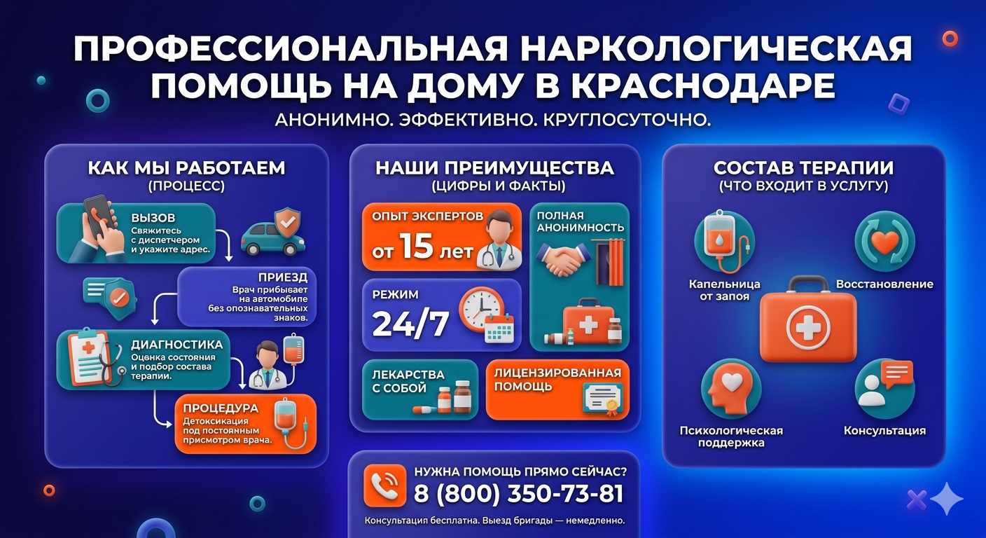 Инфографика о принципах лечения алкоголизма на дому в Ачинске: этапы вызова нарколога, преимущества анонимной детоксикации и состав медицинской помощи.